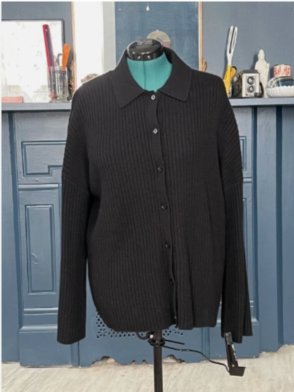 Reformation Fantino Cashmere Ribbed Knit Stretch Collared Cardigan Black L